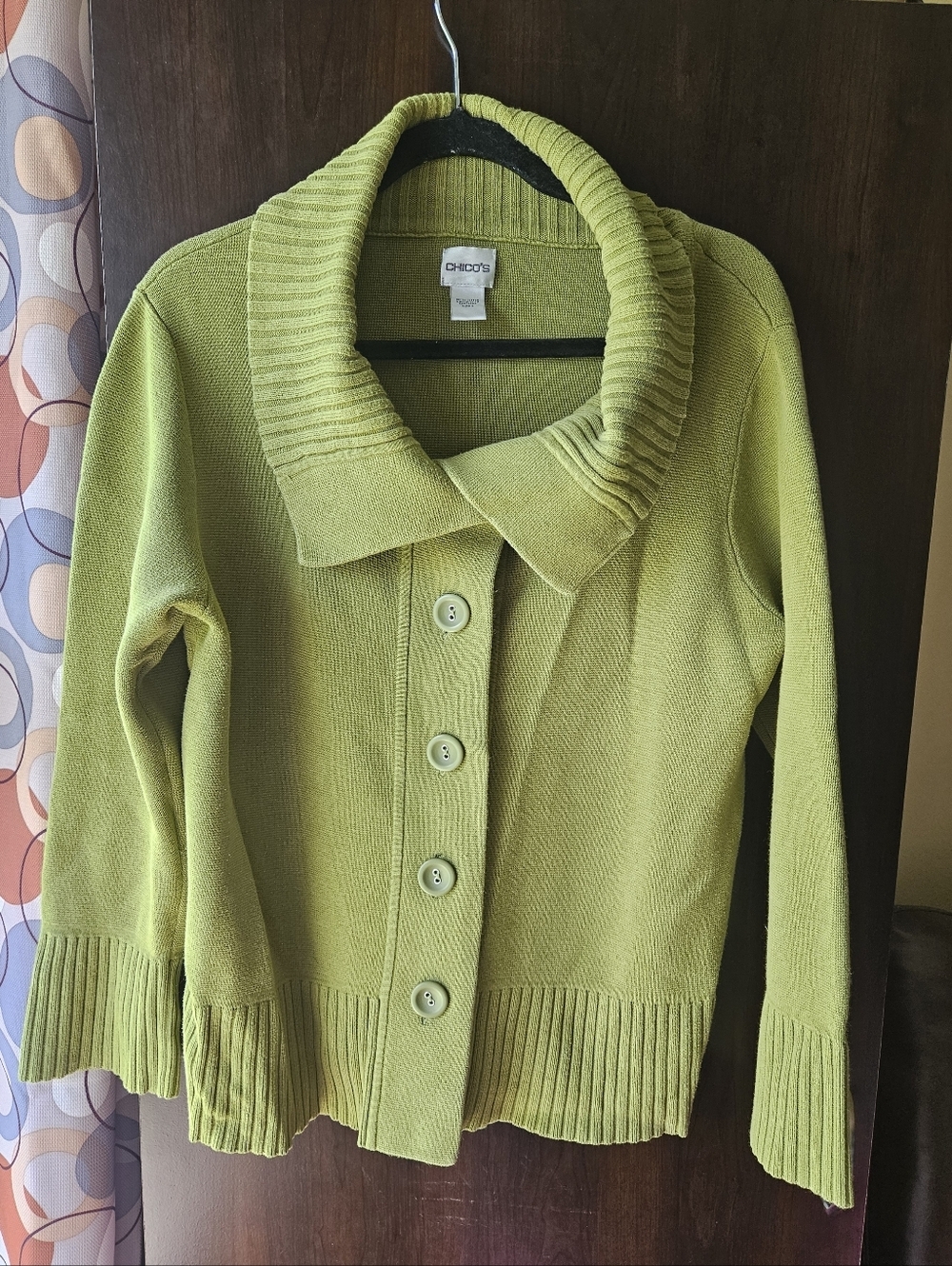 Chico's Bright Green Button-Front Ribbed Collar Cardigan Plus Size 3